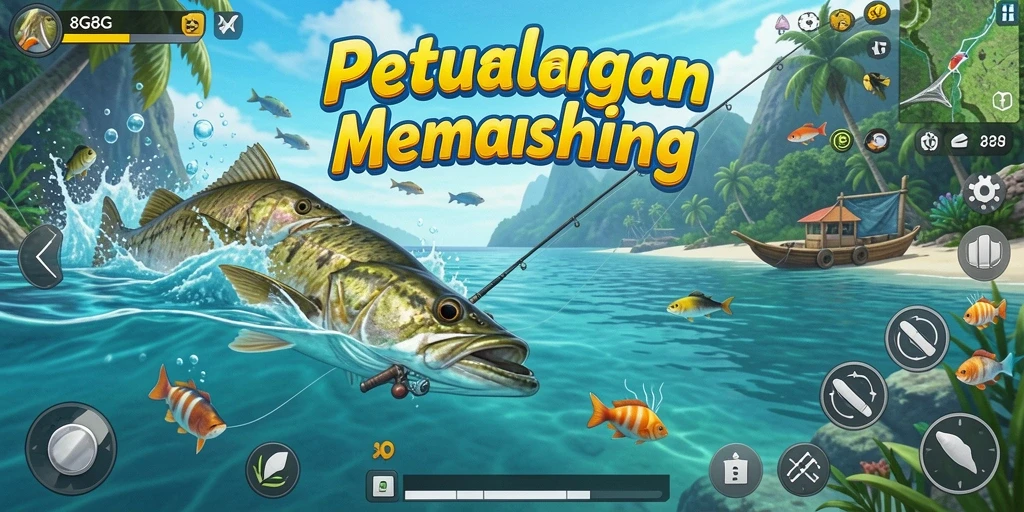 Screenshot gameplay 8G8G menampilkan pemain yang sedang memancing di danau yang indah.
