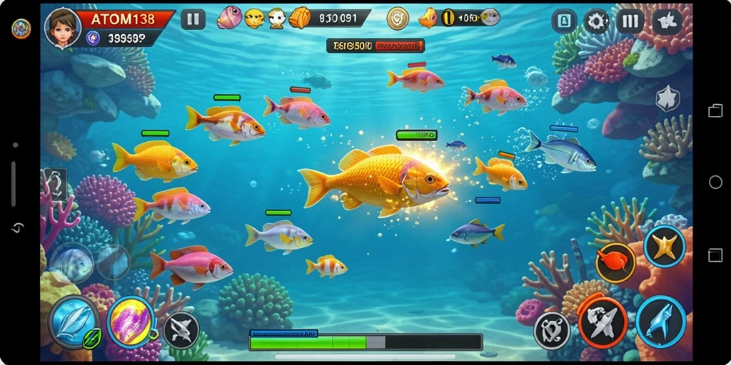 Screenshot ATOM138 menampilkan keseruan dalam gameplay Tembak Ikan.