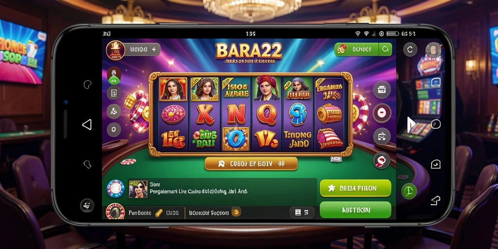 Screenshot gameplay BARA22 menampilkan dealer profesional dan suasana kasino yang hidup.